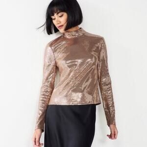 Cara Santana x Nine West | Sequin Mock Neck Long Sleeve Blouse Metallic XL